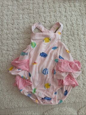 Angel Dear Pink Baby Ruffle One-Piece with Colorful Fish Print